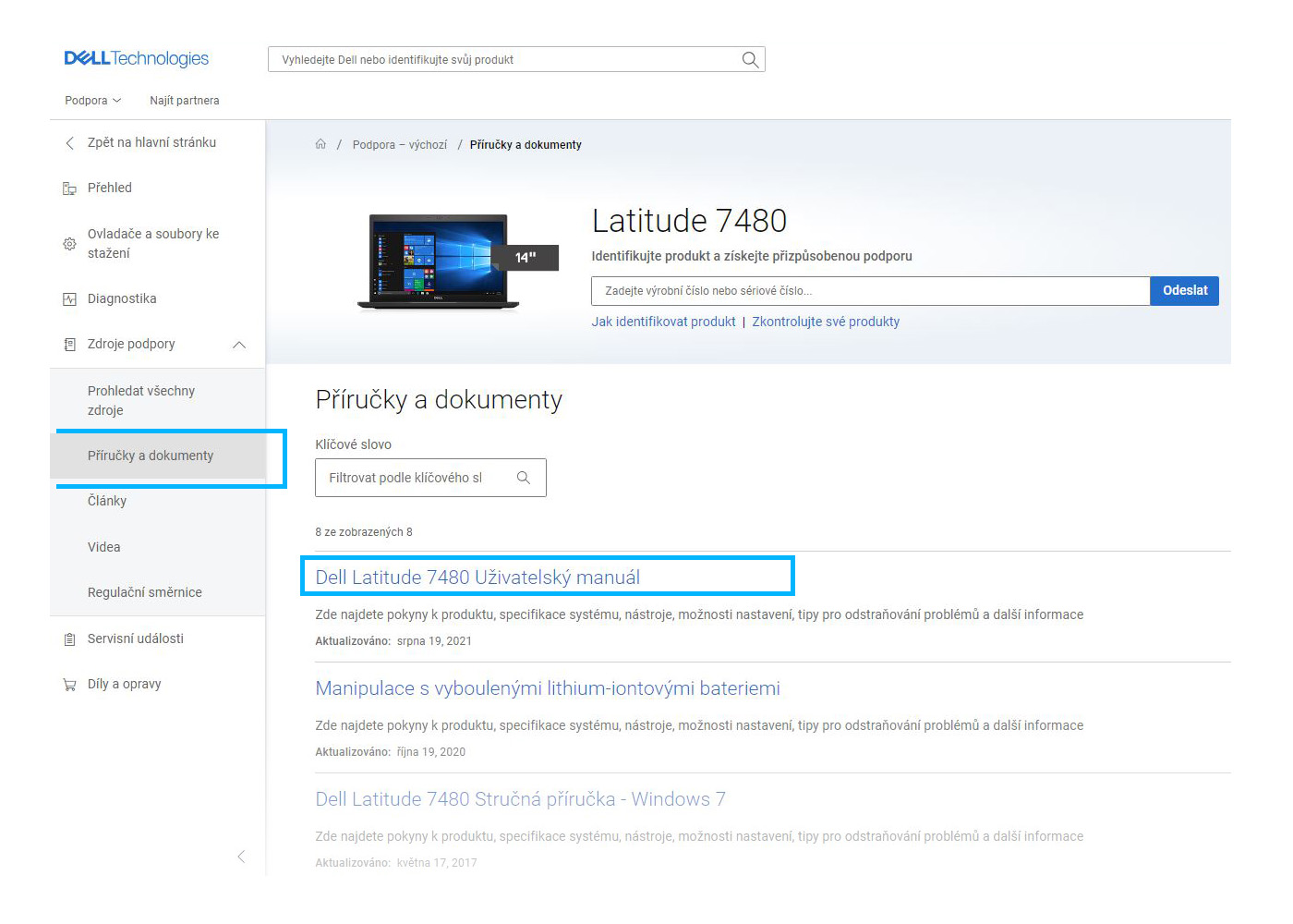 Obrázek 2: Vyhledání servisní příručky pro Dell Latitude 7480