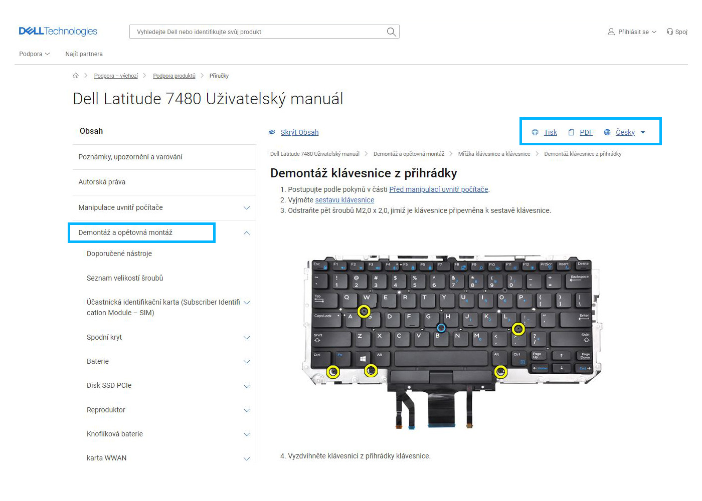 Obrázek 3: Ukázka postupu výměny klávesnice v servisním manuálu